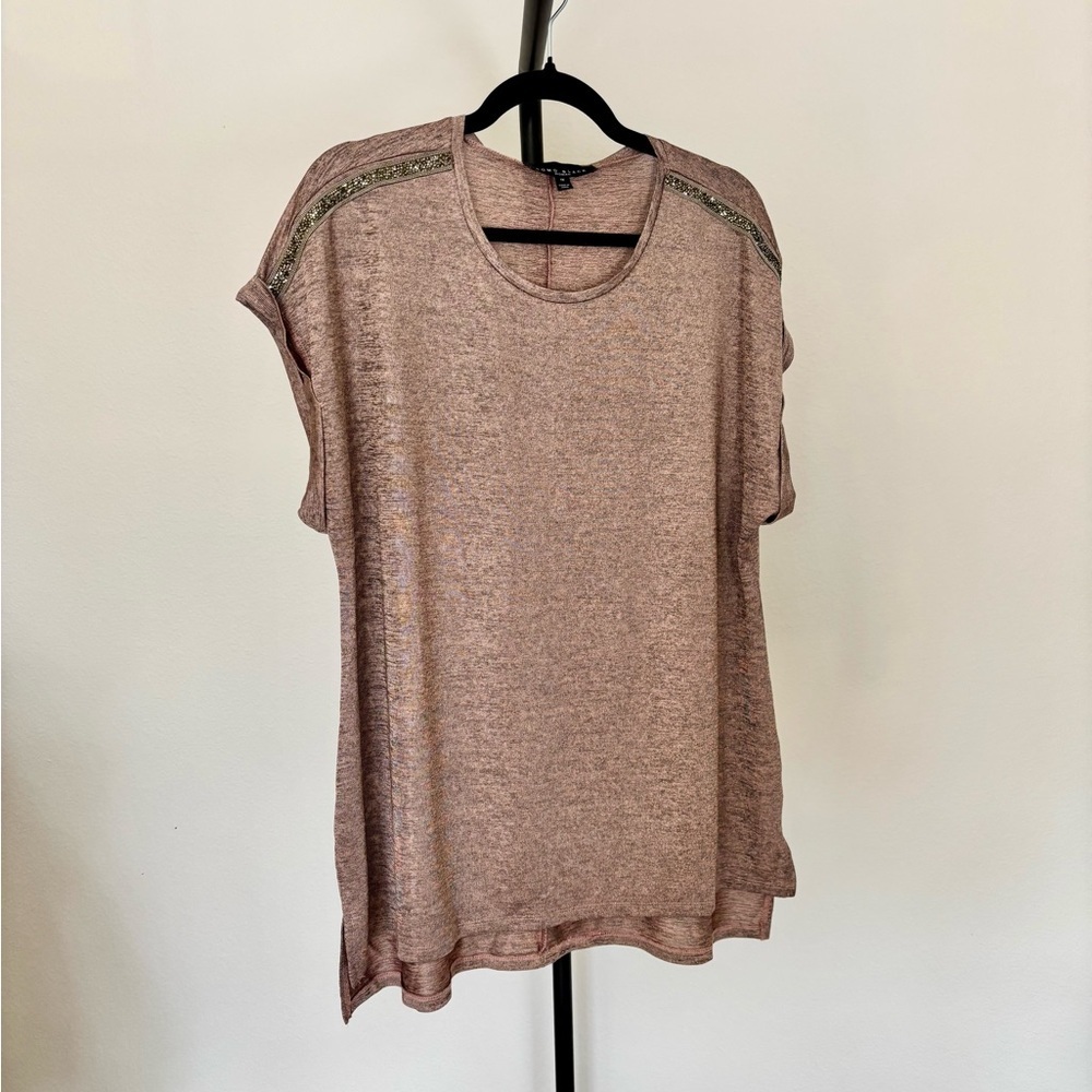 Como Black Elegant Mauve Heather Short Sleeve Top with Embellished Detail 1X